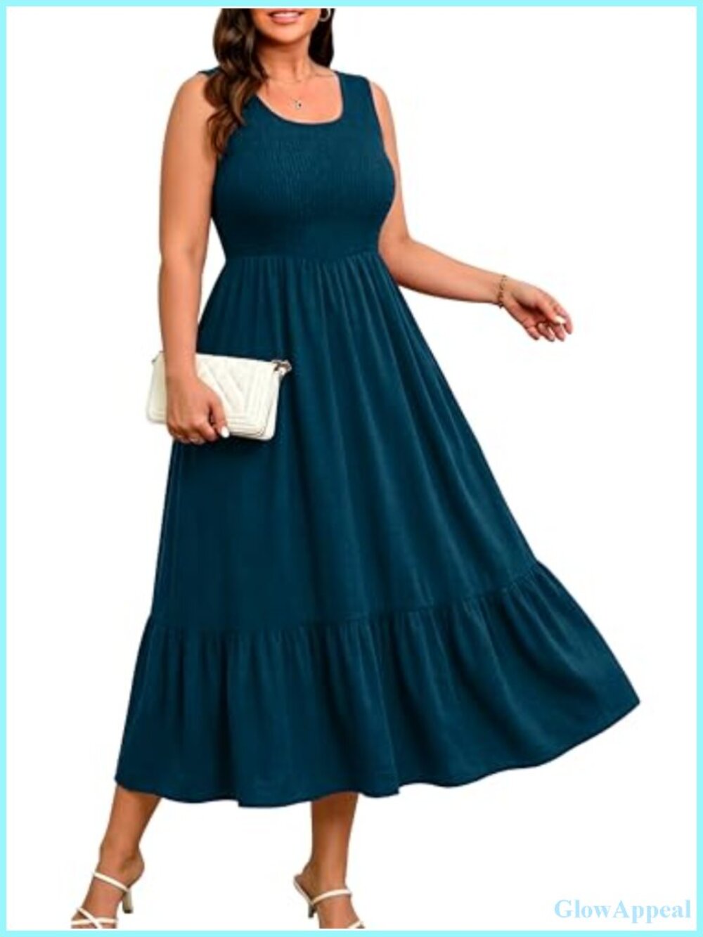 Plus Size Sleeveless Tiered Flowy Midi Tank Dress Smocked Square Neck